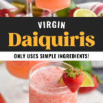 glasses of virgin strawberry daiquiri with fresh strawberry and lime wedge garnish