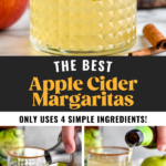 pinterest graphic of apple cider margaritas. Text says "The best apple cider margaritas only uses 4 simple ingredients! shakedrinkrepeat.com" Top image shows a glass of apple cider margarita with ice, apple slices, and cinnamon sugar rim. Lower left image shows man's hand pouring cocktail shaker of apple cider margarita ingredients into a glass of ice with cinnamon sugar rim with bottle of angry orchard hard cider and apples in the background. Lower right image shows man's hand pouring bottle of hard cider into a glass of apple cider margarita ingredients with ice and cinnamon sugar rim.