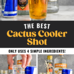 pinterest graphic for cactus cooler shot. Top image shows man's hand pouring jar of orange juice into a glass of red bull to make a cactus cooler shot. Text says "the best cactus cooler shot only uses 4 simple ingredients! shakedrinkrepeat.com" Lower left image shows man's hand holding shot of cactus cooler ingredients over a glass of other cactus cooler ingredients with jar of orange juice, can of red bull, bottle of peach schnapps, and bottle of vodka sitting in background. Lower right image shows shot glass splashing into glass of cactus cooler shot ingredients with jar of orange juice, can of red bull, bottle of peach schnapps, and bottle of vodka sitting in background