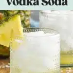Pinterest graphic for pina colada vodka soda. Text says "vodka pina colada vodka soda shakedrinkrepeat.com" Image shows two glasses of Pina Colada Vodka Soda with ice and garnished with pineapple wedge. Fresh pineapple sitting in background.