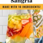 Pinterest graphic for Tropical Margarita Sangria. Text says "so easy! Tropical Margarita Sangria make with 10 ingredients! shakedrinkrepeat.com" Image shows a pitcher of Tropical Margarita Sangria with sliced fruit