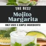 Pinterest graphic for Mojito Margarita. Top image shows man's hand pouring cocktail jigger of lime juice into a glass of mojito margarita ingredients. Mint leaves, lime wedges, and glass of mojito margarita ingredients surrounding. Text says "the best mojito margarita only uses 5 simple ingredients! shakedrinkrepeat.com" Lower image shows a glass of mojito margarita with ice, mint leaves, and a lime wedge