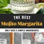 Pinterest graphic for mojito margarita. Top image shows a glass of mojito margarita with ice, mint leaves, and lime wedge. Text says "the best mojito margarita only uses 5 simple ingredients! shakedrinkrepeat.com" Lower images show muddler in a glass with mojito margarita ingredients and man's hand pouring bottle of club soda into glass of mojito margarita ingredients.